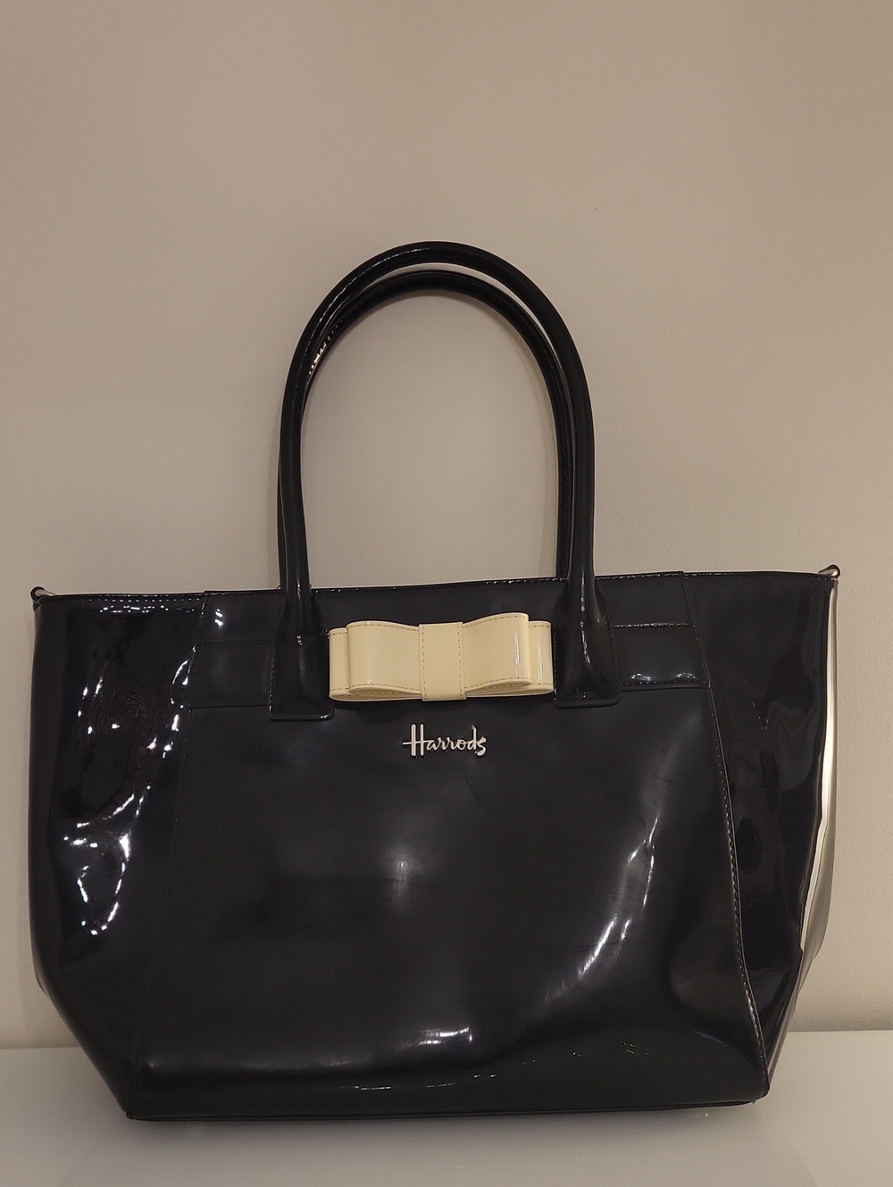 Harrods Black Patent Tote with Cream Bow Accent